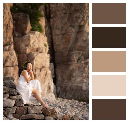 Stone Walls Woman Dreamy Portrait White Dress Cliff Image